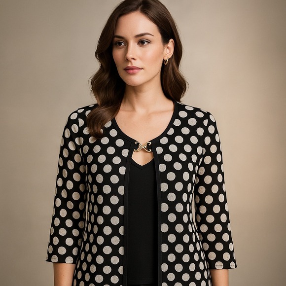 Liz McGear Polka‎ Dot Cardigan with Butterfly Clasp Black White Elegant - Picture 1 of 9